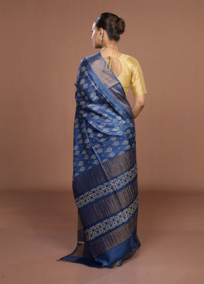 Blue Tussar Silk Saree With Blouse Piece