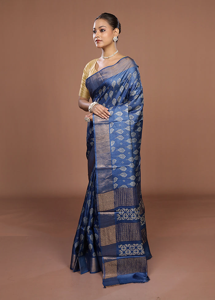 Blue Tussar Silk Saree With Blouse Piece