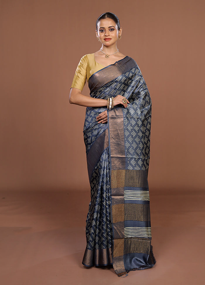 Blue Tussar Silk Saree With Blouse Piece