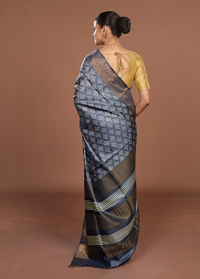 Blue Tussar Silk Saree With Blouse Piece
