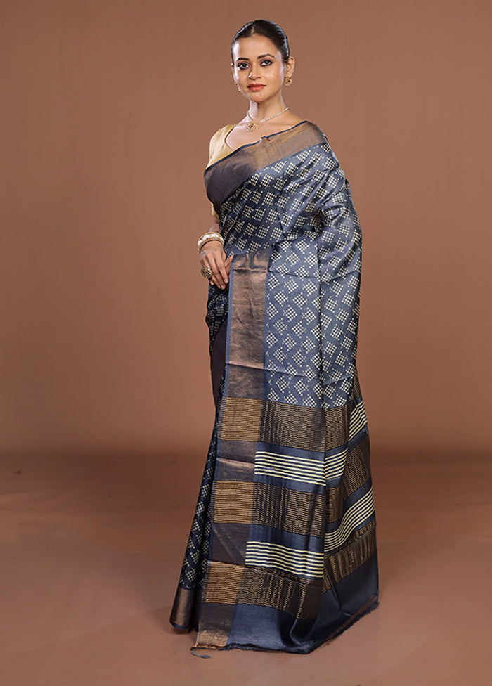 Blue Tussar Silk Saree With Blouse Piece