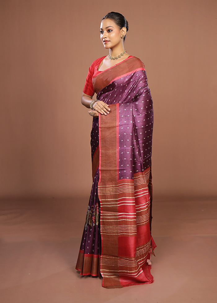 Purple Tussar Silk Saree With Blouse Piece
