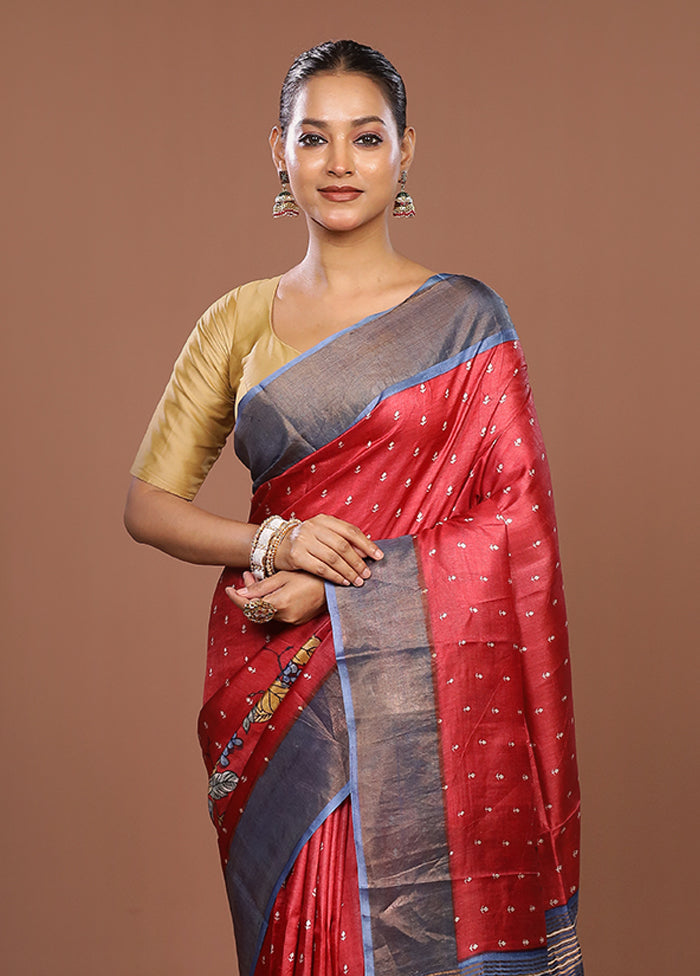 Red Tussar Silk Saree With Blouse Piece