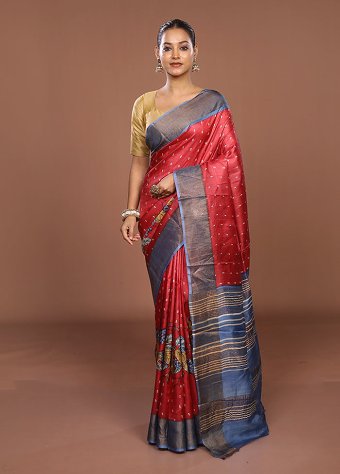 Red Tussar Silk Saree With Blouse Piece