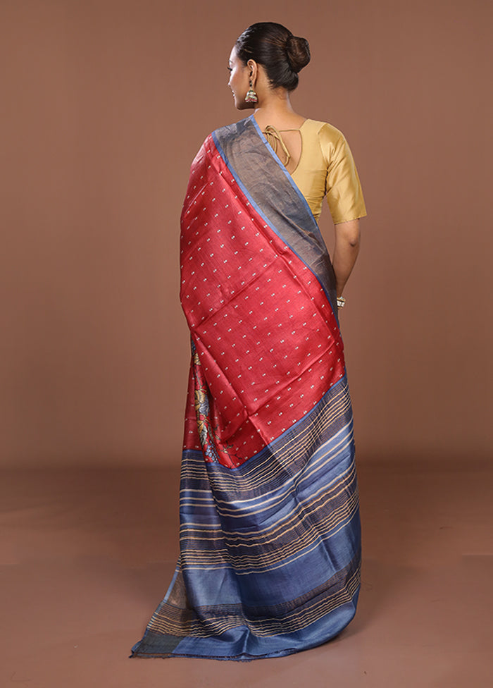 Red Tussar Silk Saree With Blouse Piece