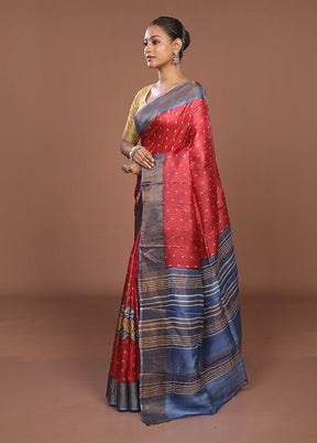 Red Tussar Silk Saree With Blouse Piece