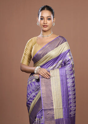 Purple Handloom Tussar Pure Silk Saree With Blouse Piece