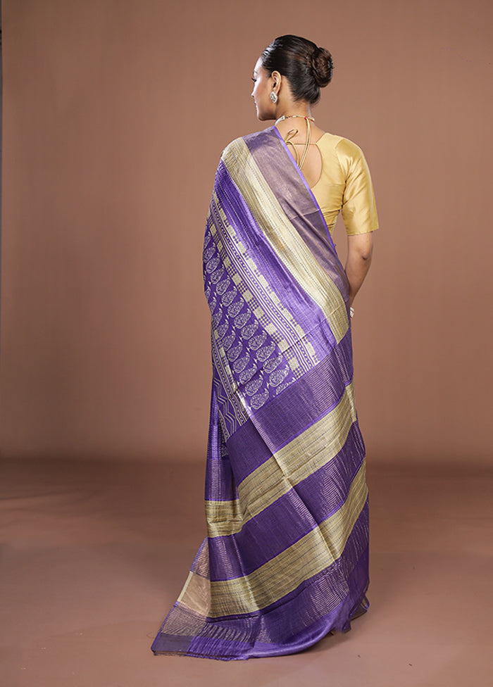 Purple Handloom Tussar Pure Silk Saree With Blouse Piece