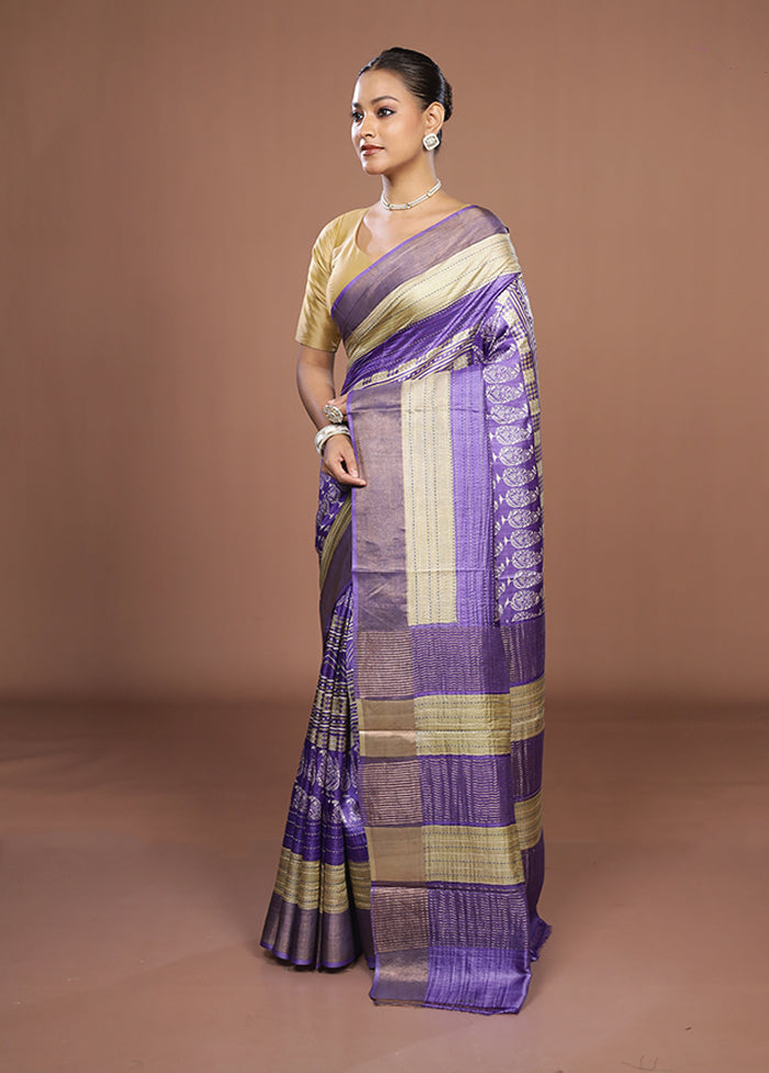 Purple Handloom Tussar Pure Silk Saree With Blouse Piece