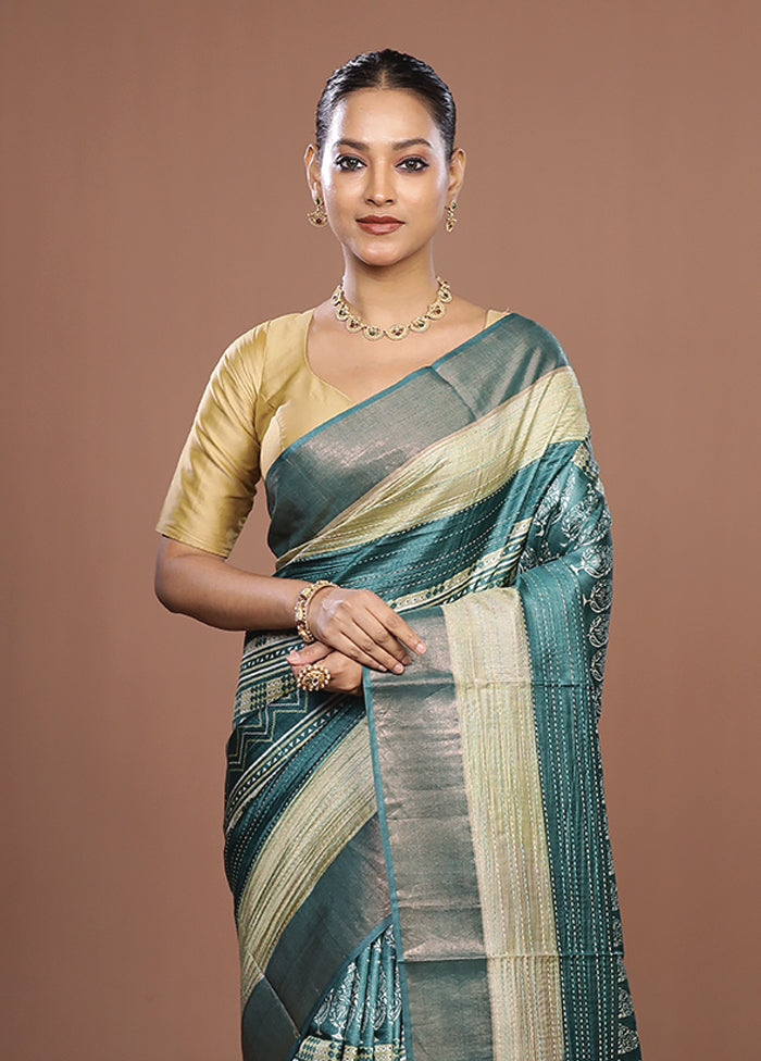 Green Handloom Tussar Pure Silk Saree With Blouse Piece