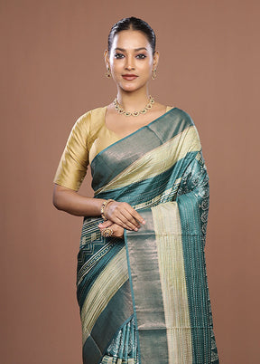 Green Handloom Tussar Pure Silk Saree With Blouse Piece
