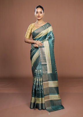 Green Handloom Tussar Pure Silk Saree With Blouse Piece