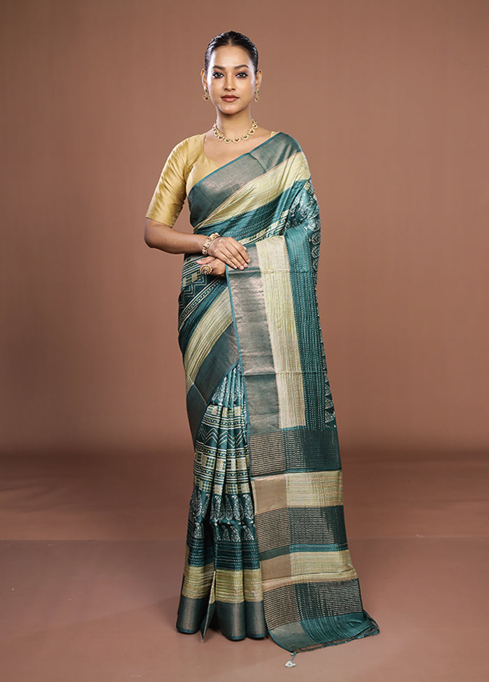 Green Handloom Tussar Pure Silk Saree With Blouse Piece