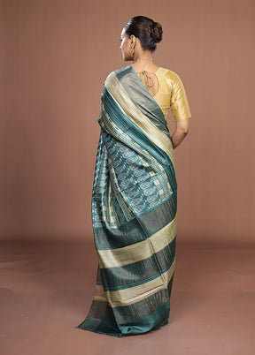 Green Handloom Tussar Pure Silk Saree With Blouse Piece