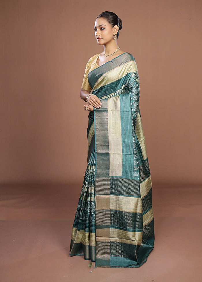 Green Handloom Tussar Pure Silk Saree With Blouse Piece