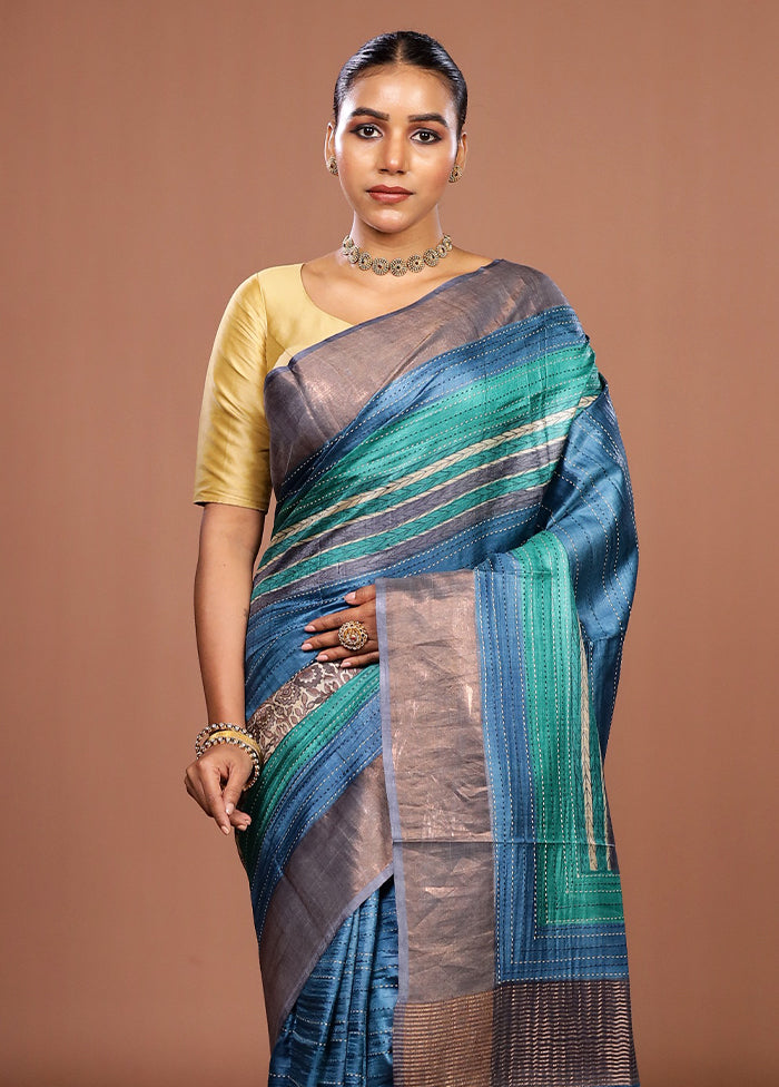 Cream Handloom Tussar Pure Silk Saree With Blouse Piece