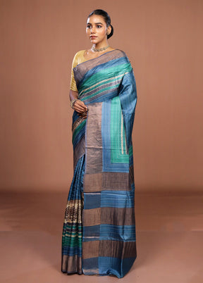 Cream Handloom Tussar Pure Silk Saree With Blouse Piece