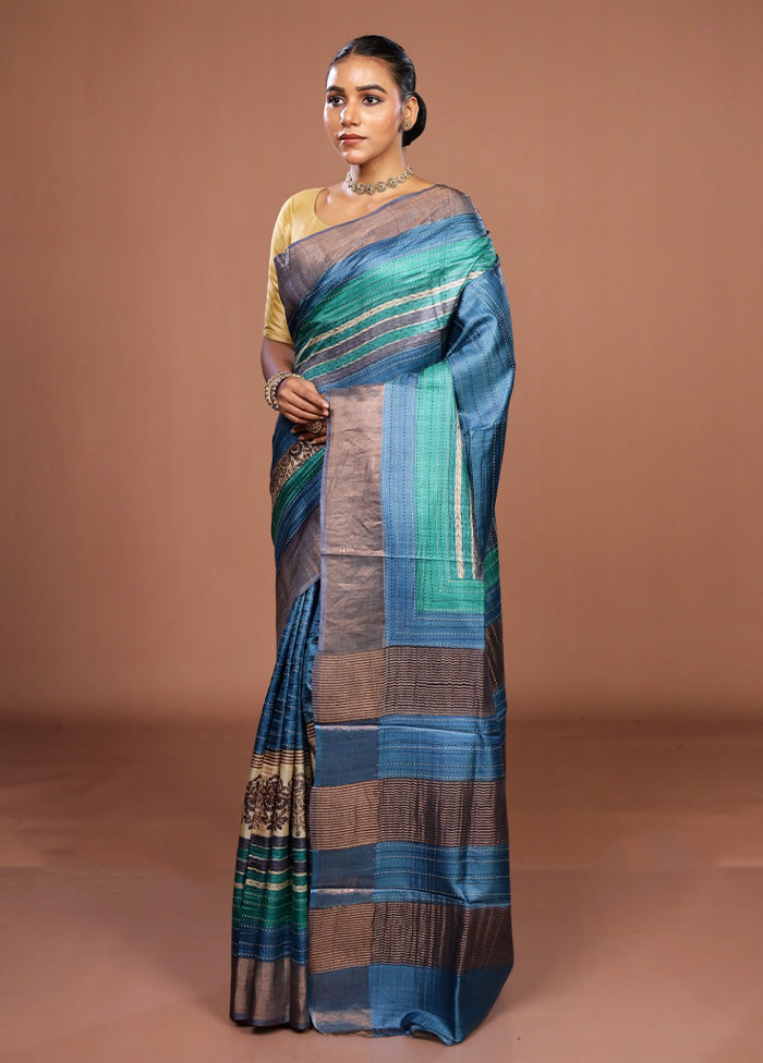 Cream Handloom Tussar Pure Silk Saree With Blouse Piece