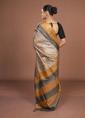 Cream Handloom Tussar Pure Silk Saree With Blouse Piece