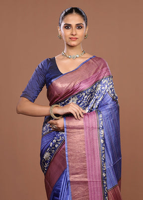 Blue Handloom Tussar Pure Silk Saree With Blouse Piece