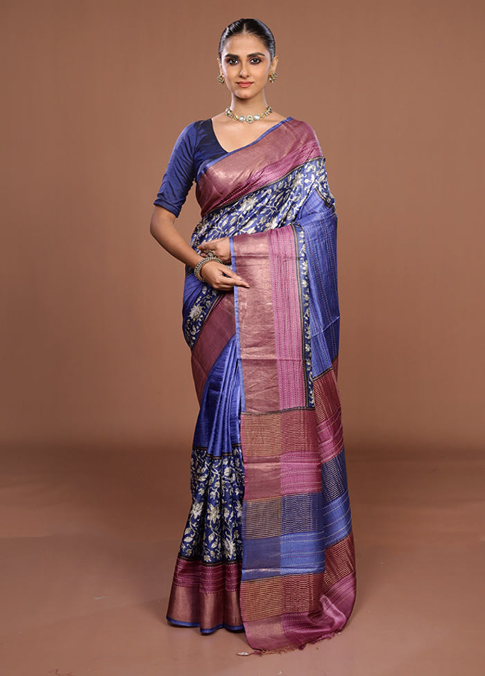 Blue Handloom Tussar Pure Silk Saree With Blouse Piece