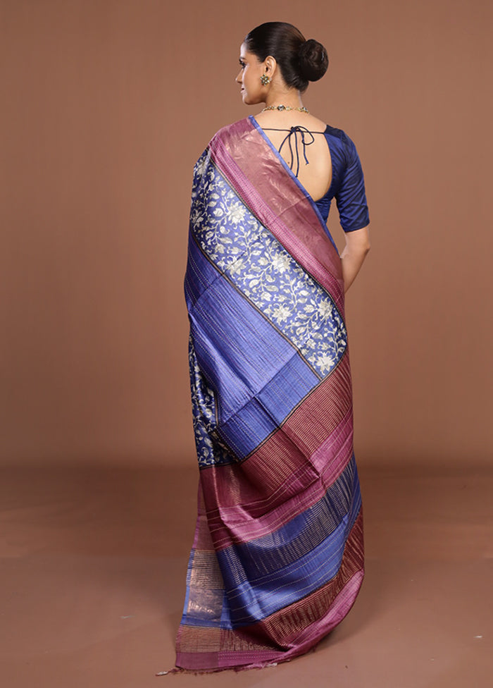 Blue Handloom Tussar Pure Silk Saree With Blouse Piece