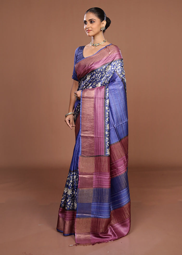 Blue Handloom Tussar Pure Silk Saree With Blouse Piece