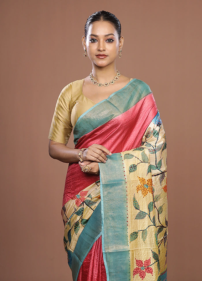 Cream Handloom Tussar Pure Silk Saree With Blouse Piece