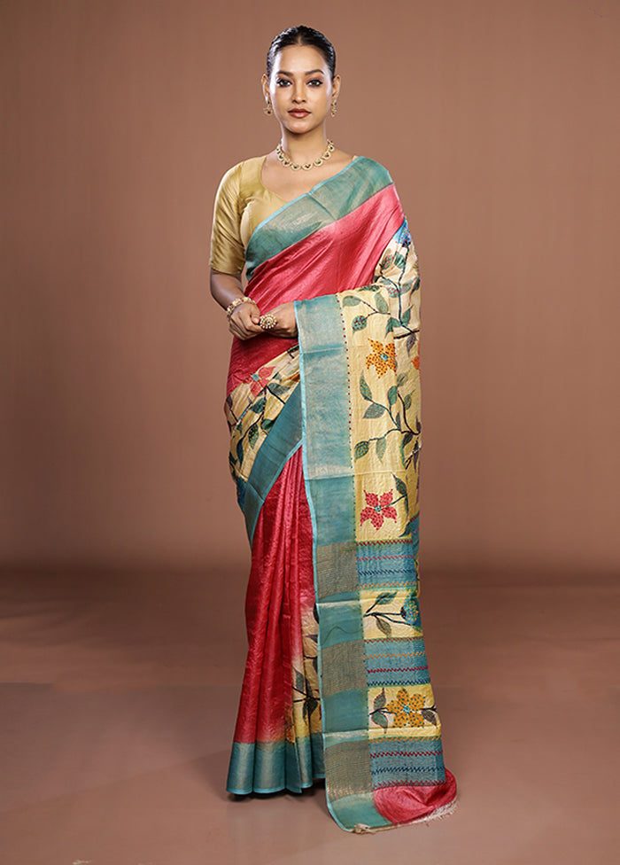 Cream Handloom Tussar Pure Silk Saree With Blouse Piece
