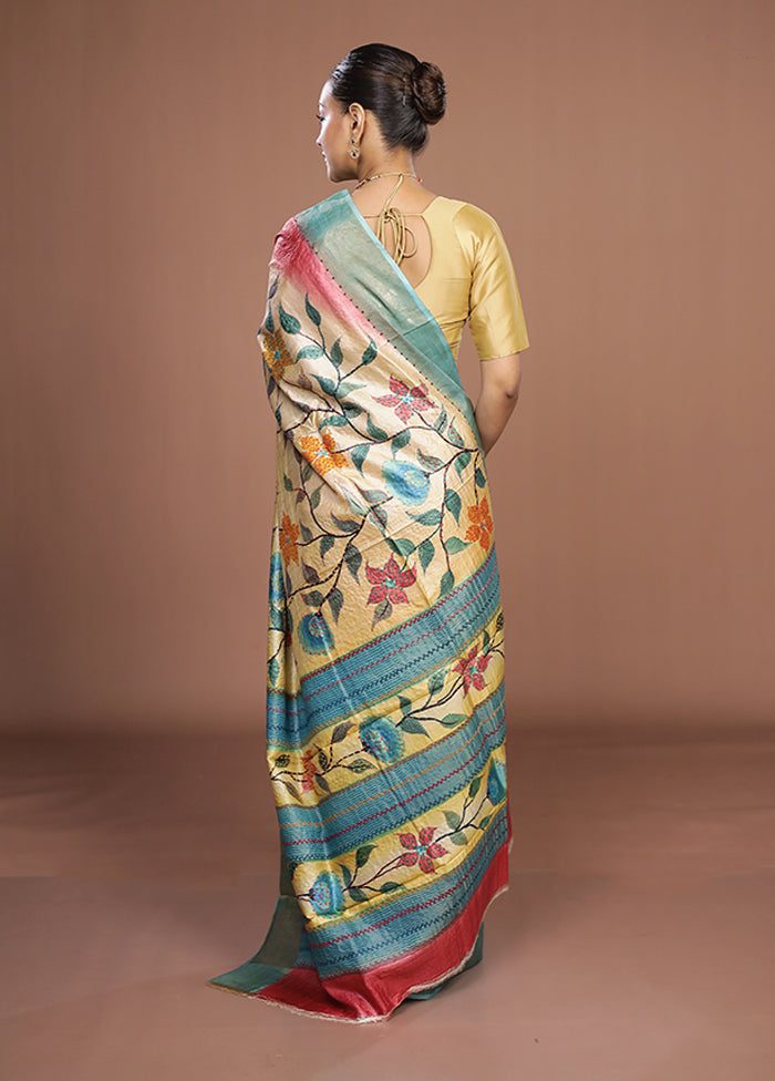Cream Handloom Tussar Pure Silk Saree With Blouse Piece