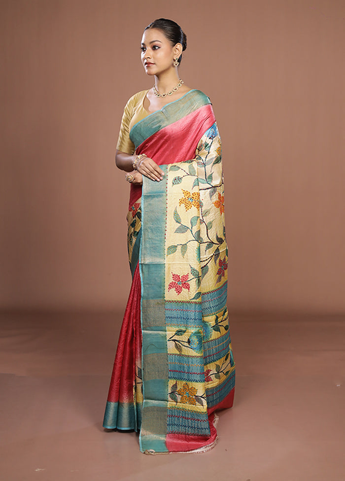 Cream Handloom Tussar Pure Silk Saree With Blouse Piece