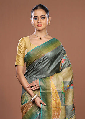 Multicolor Handloom Tussar Pure Silk Saree With Blouse Piece