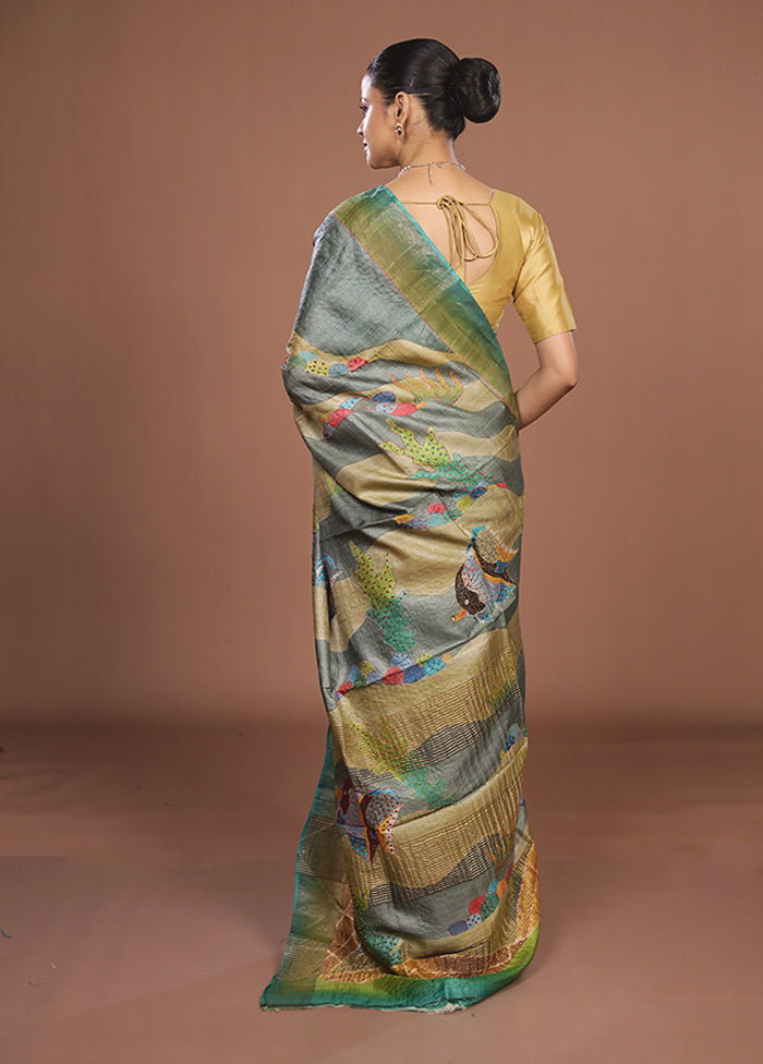 Multicolor Handloom Tussar Pure Silk Saree With Blouse Piece