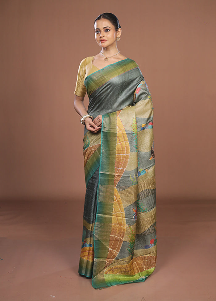 Multicolor Handloom Tussar Pure Silk Saree With Blouse Piece