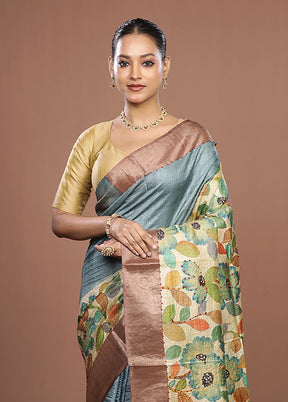 Cream Handloom Tussar Pure Silk Saree With Blouse Piece