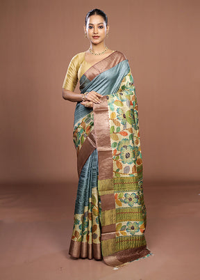 Cream Handloom Tussar Pure Silk Saree With Blouse Piece