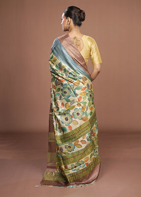 Cream Handloom Tussar Pure Silk Saree With Blouse Piece