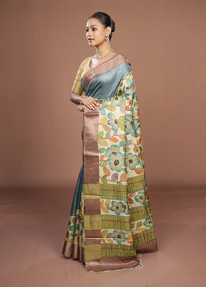 Cream Handloom Tussar Pure Silk Saree With Blouse Piece