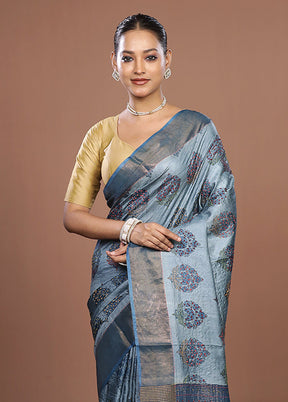 Blue Handloom Tussar Pure Silk Saree With Blouse Piece
