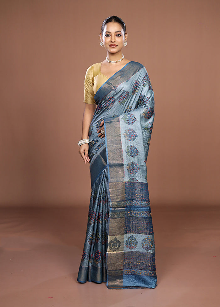 Blue Handloom Tussar Pure Silk Saree With Blouse Piece