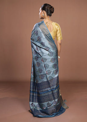 Blue Handloom Tussar Pure Silk Saree With Blouse Piece