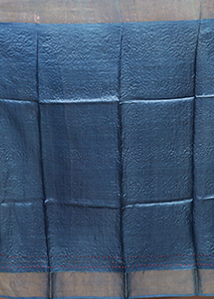 Blue Handloom Tussar Pure Silk Saree With Blouse Piece