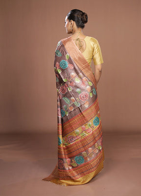 Brown Handloom Tussar Pure Silk Saree With Blouse Piece
