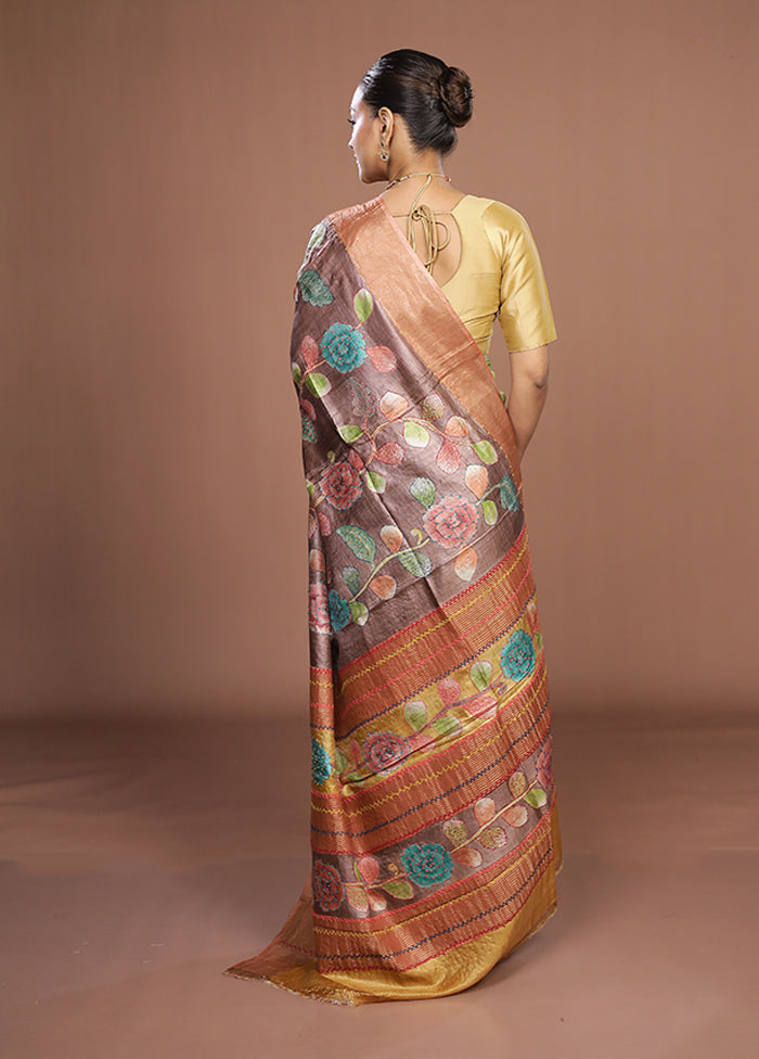 Brown Handloom Tussar Pure Silk Saree With Blouse Piece