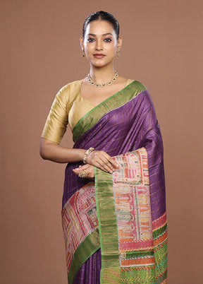 Purple Handloom Tussar Pure Silk Saree With Blouse Piece