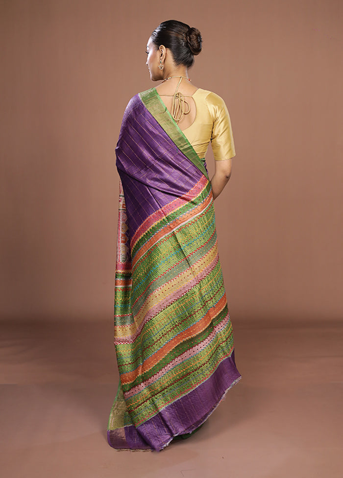 Purple Handloom Tussar Pure Silk Saree With Blouse Piece