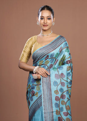 Blue Handloom Tussar Pure Silk Saree With Blouse Piece