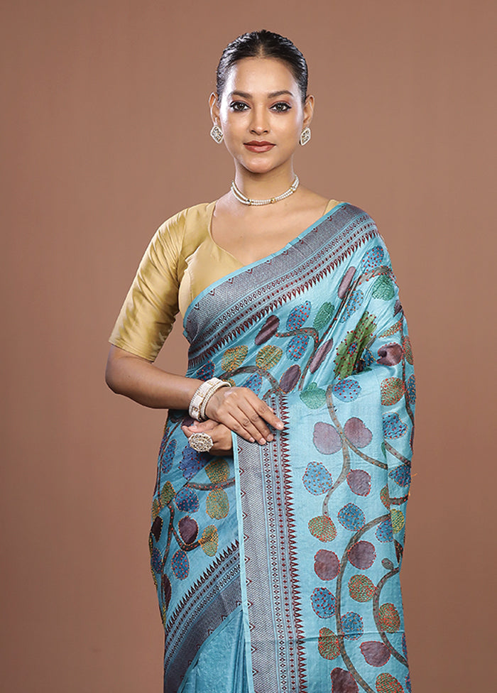 Blue Handloom Tussar Pure Silk Saree With Blouse Piece