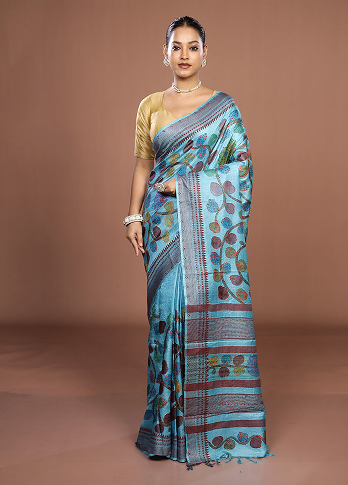 Blue Handloom Tussar Pure Silk Saree With Blouse Piece