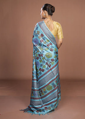 Blue Handloom Tussar Pure Silk Saree With Blouse Piece